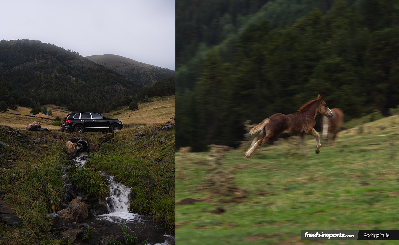 Composición de uno de los Porsche Cayenne atravesando un riachuelo y un caballo galopando
